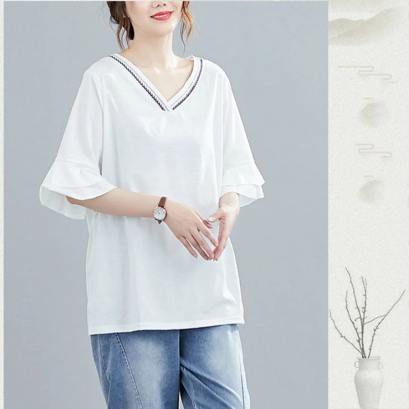 Embroidery Loose Black Casual Tops Summer New Short Sleeve V Neck All-match Solid Color T Shirts Fashion Vintage Women Clothing