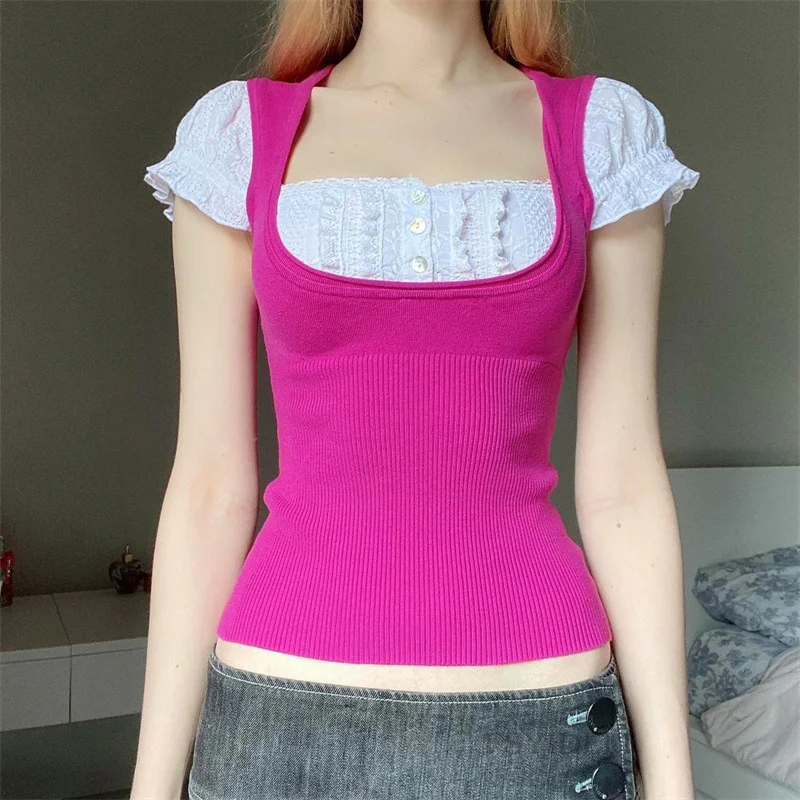 

Cute Slim Patchwork T Shirt Woman Square Collar Short Sleeve T Shirts Women Short Tops Summer High Street Wear Streetwear