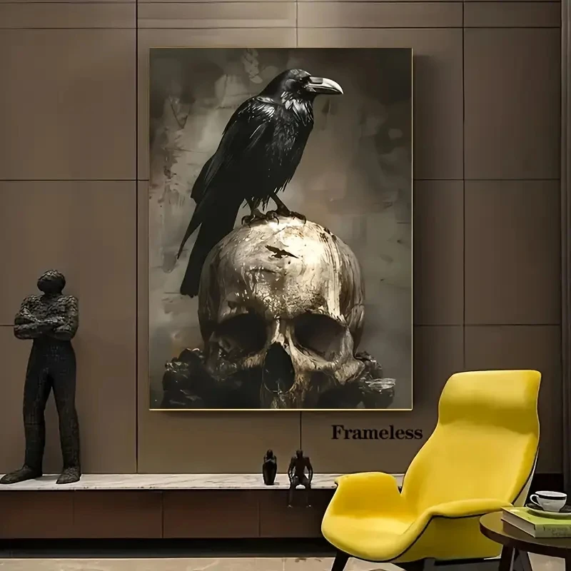 

1pcsRetro Gothic-style Crow and Skull Canvas Art Poster Wall Decoration, Modern Bedroom, Living Room, Office Halloween Decoratio