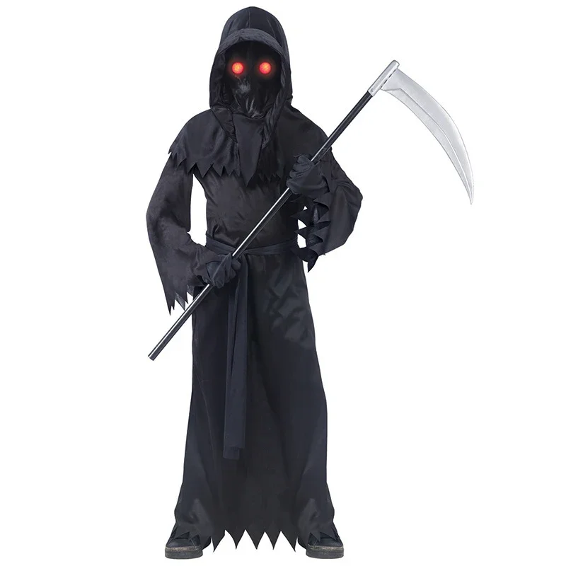 Sydanne Kids Horror Death Dress Jumpsuit Red Luminous Glasses Sickle Black Robe Grim Reaper Cosplay Costume Halloween Costume