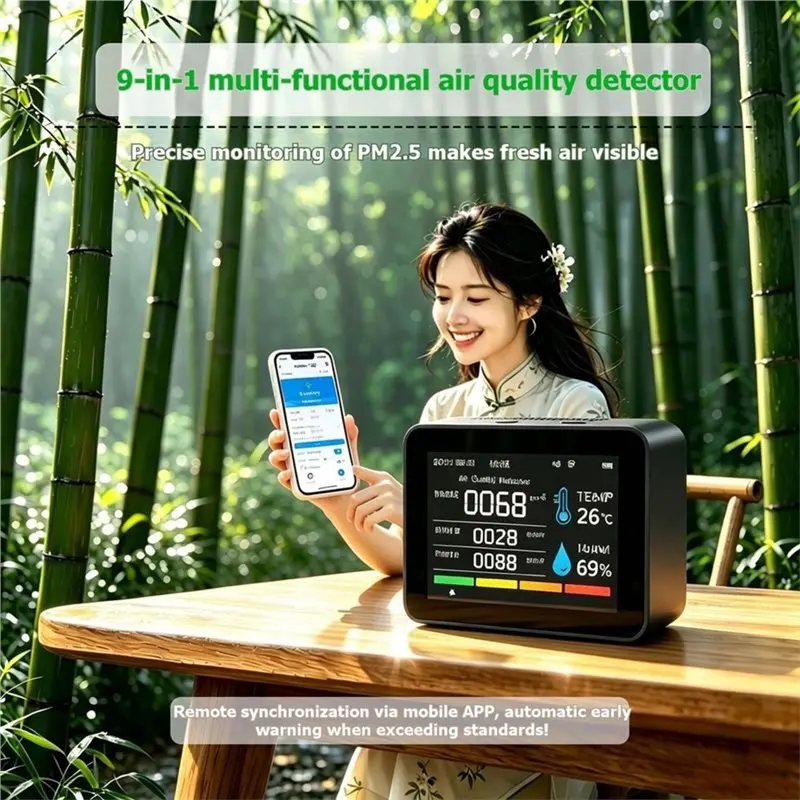 WCS-Tuya Smart Indoor Air Monitor 9 In 1 WIFI Air Quality Detector PM2.5 PM10 Temp Humidity Tester For Home Room