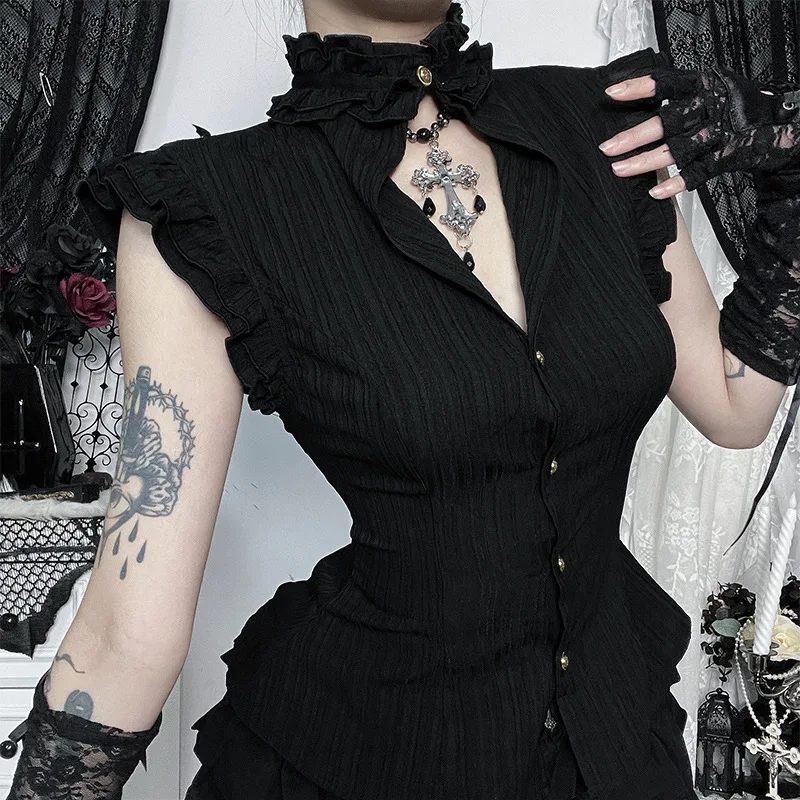 Goth Dark 90s Grunge Single Breasted Slim Wasit Shirt Blouses Women Alt Teachwear Mall Gothic Stringy Selvedge Sleeveless Shirts