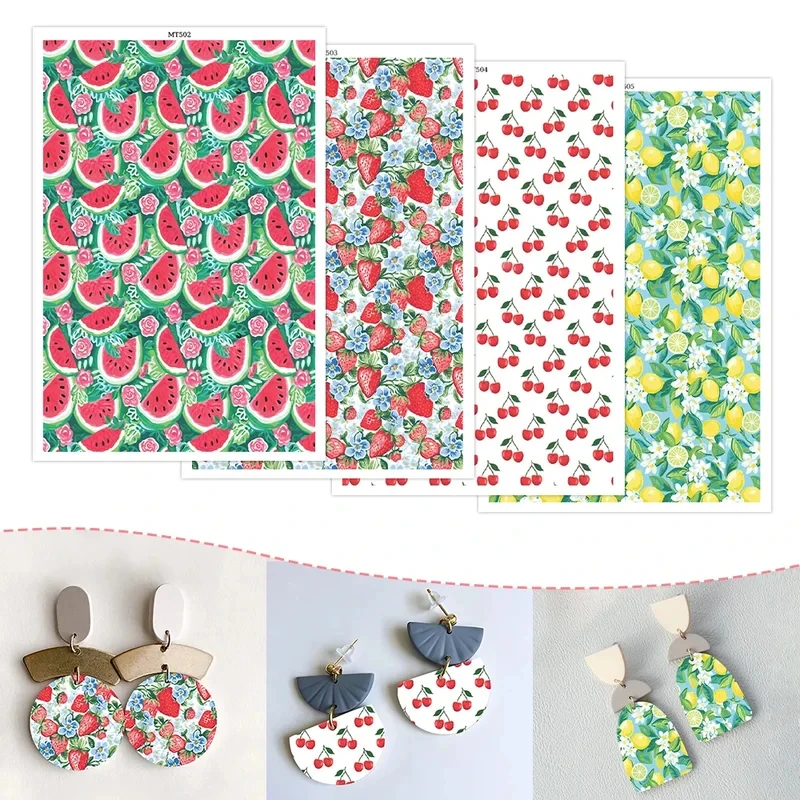 Summer Fruit Themed Ceramic Earrings Transfer Paper Sticker for Jewelry Making with Watermelon Strawberry Cherry Lemon Designs