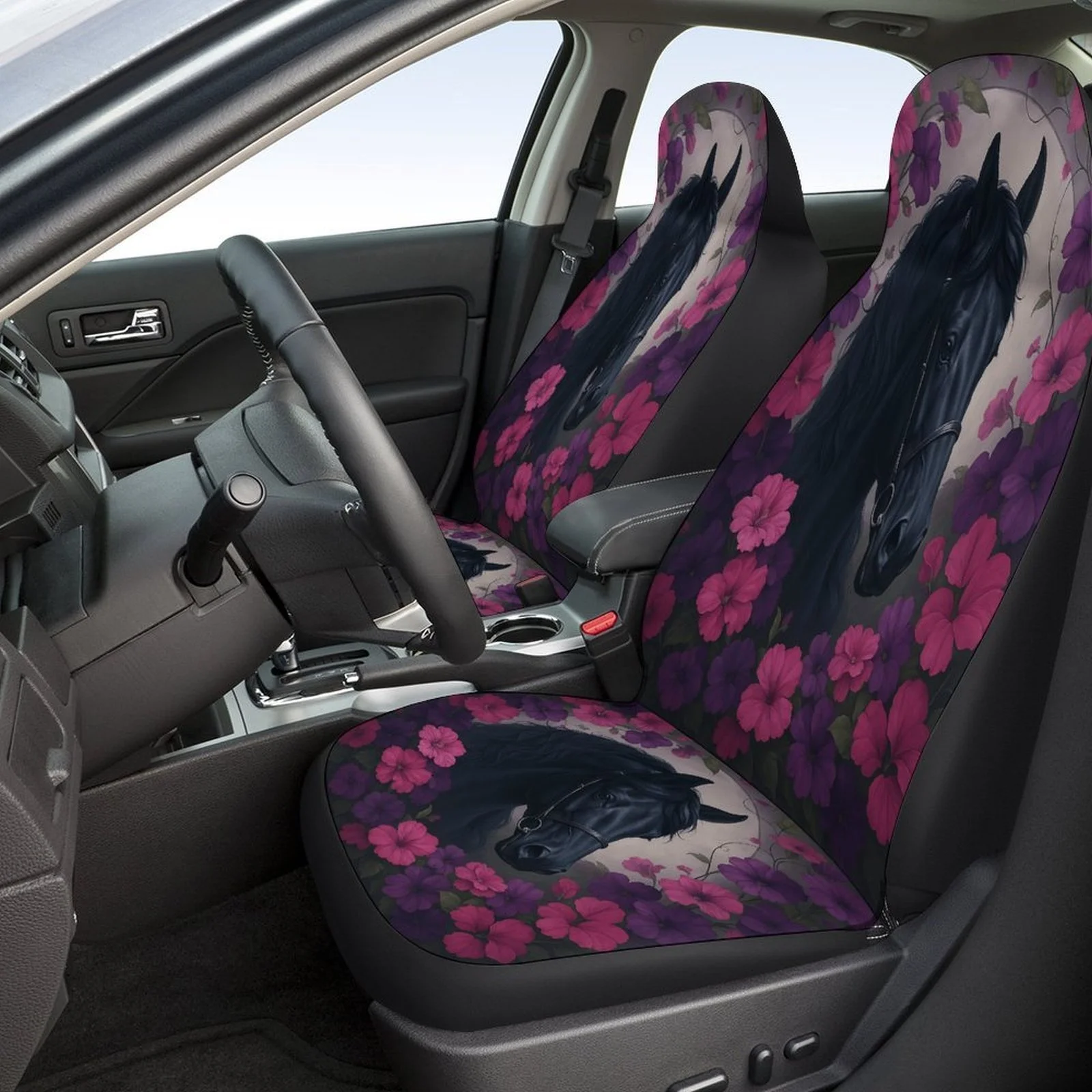Horse Floral Portrait Designed Car Seat Covers Set For Most Cars, Trendy Novelty Decorative Car Seat Protector Covers Full Set,