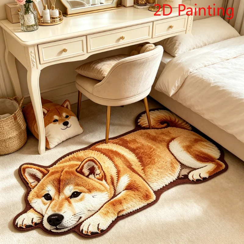 VIKAMA High-Definition Reclining Shiba Inu Plush Absorbent Floor Mat, Bedroom Bedside Mat, Entrance Japanese Style Floor Mat
