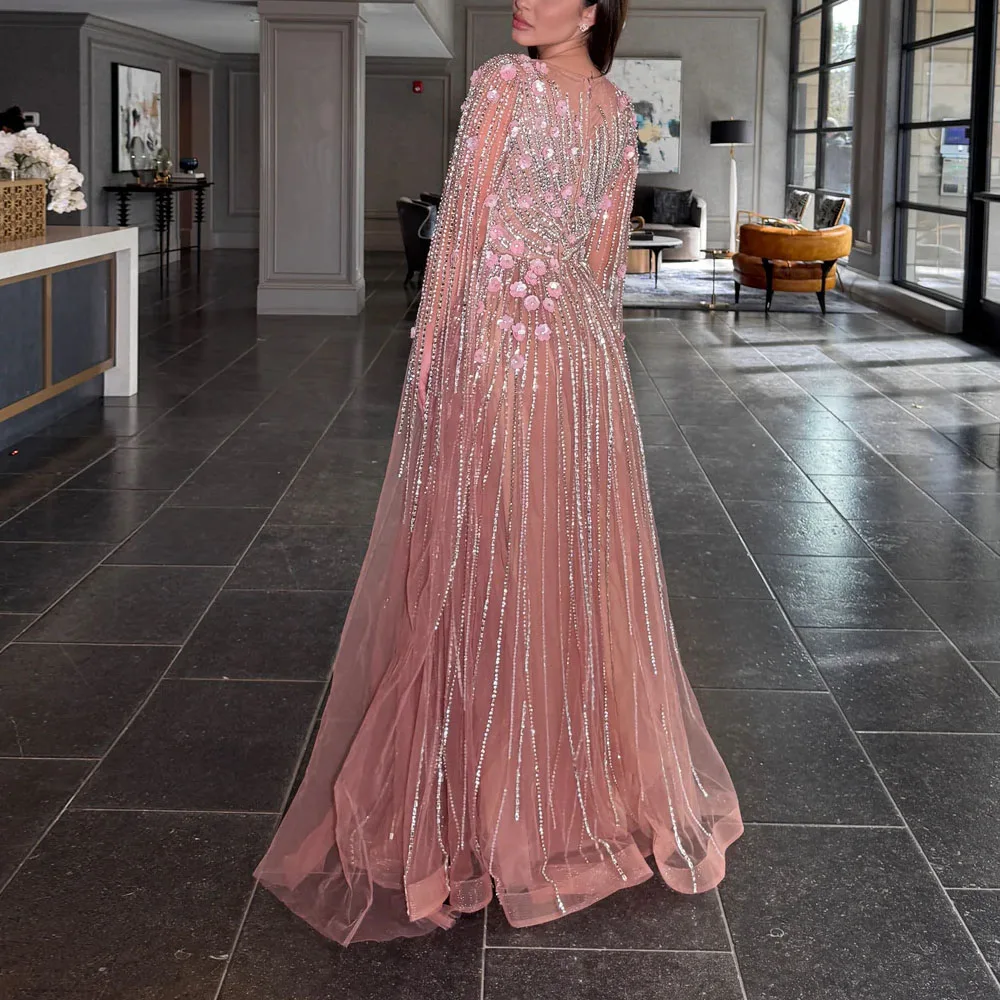 맞춤형 럭셔리 두바이 핑크 이브닝 드레스와 케이프 슬리브 O 넥 페르시 웨딩 파티 가운 Tulle فساتين سهرة
