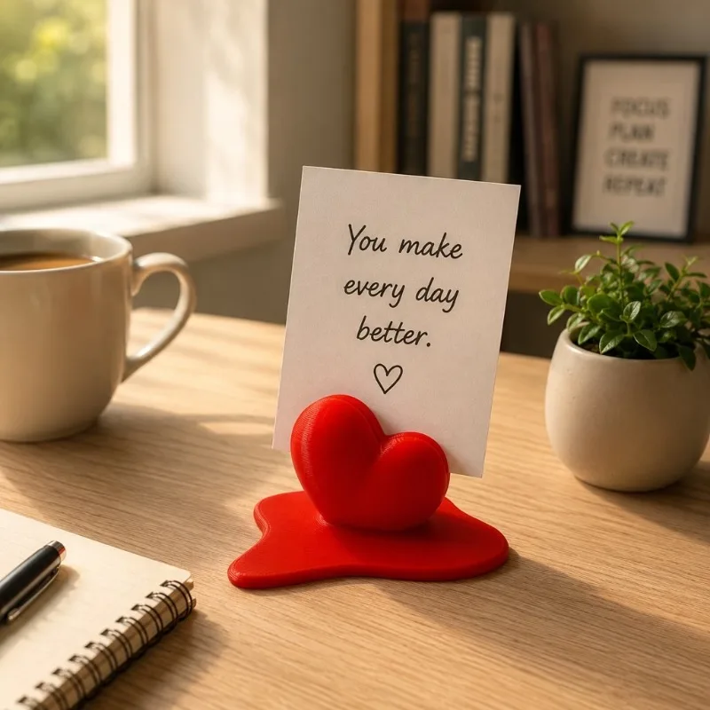 Novelty 3D Print Red Melting Heart Note Card Stand Romantic Desktop Photo Holder Office Message Display Decor