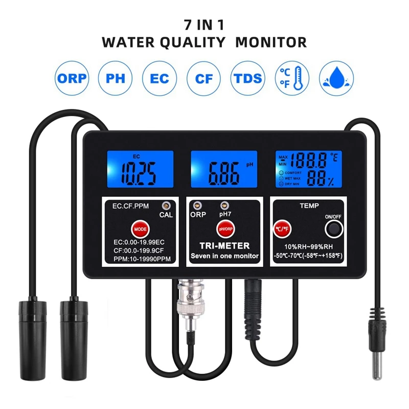 7 In 1 Water Quality Tester Multi-Function EC/TDS/CF/PH/ORP/Humidity/TEMP Meter For Swimming Pool, Fish Pond Durable US Plug