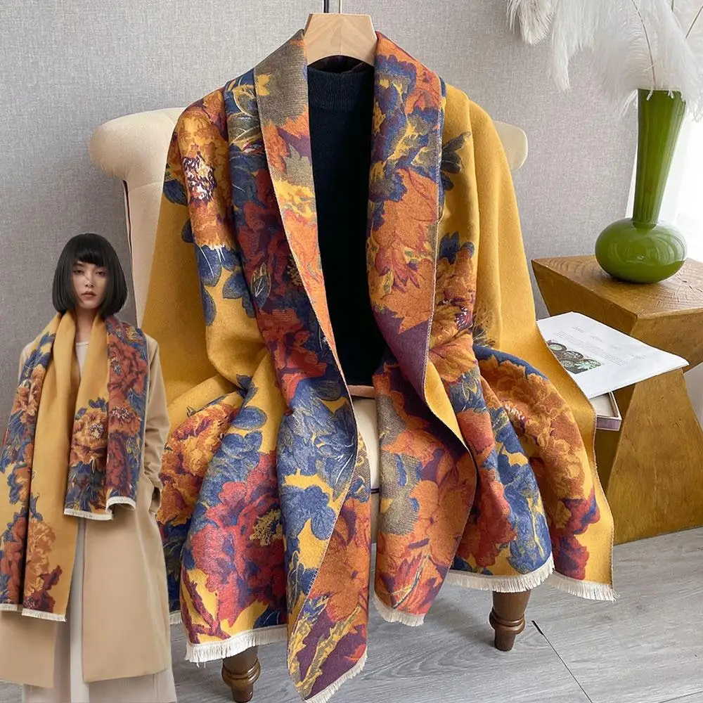 

Women Luxury Winter Wrap Elegent Plush Ethnic Style Flower Print Neck Warmer Warm Outdoor Cold Resistant Ski Hike Long Shawl