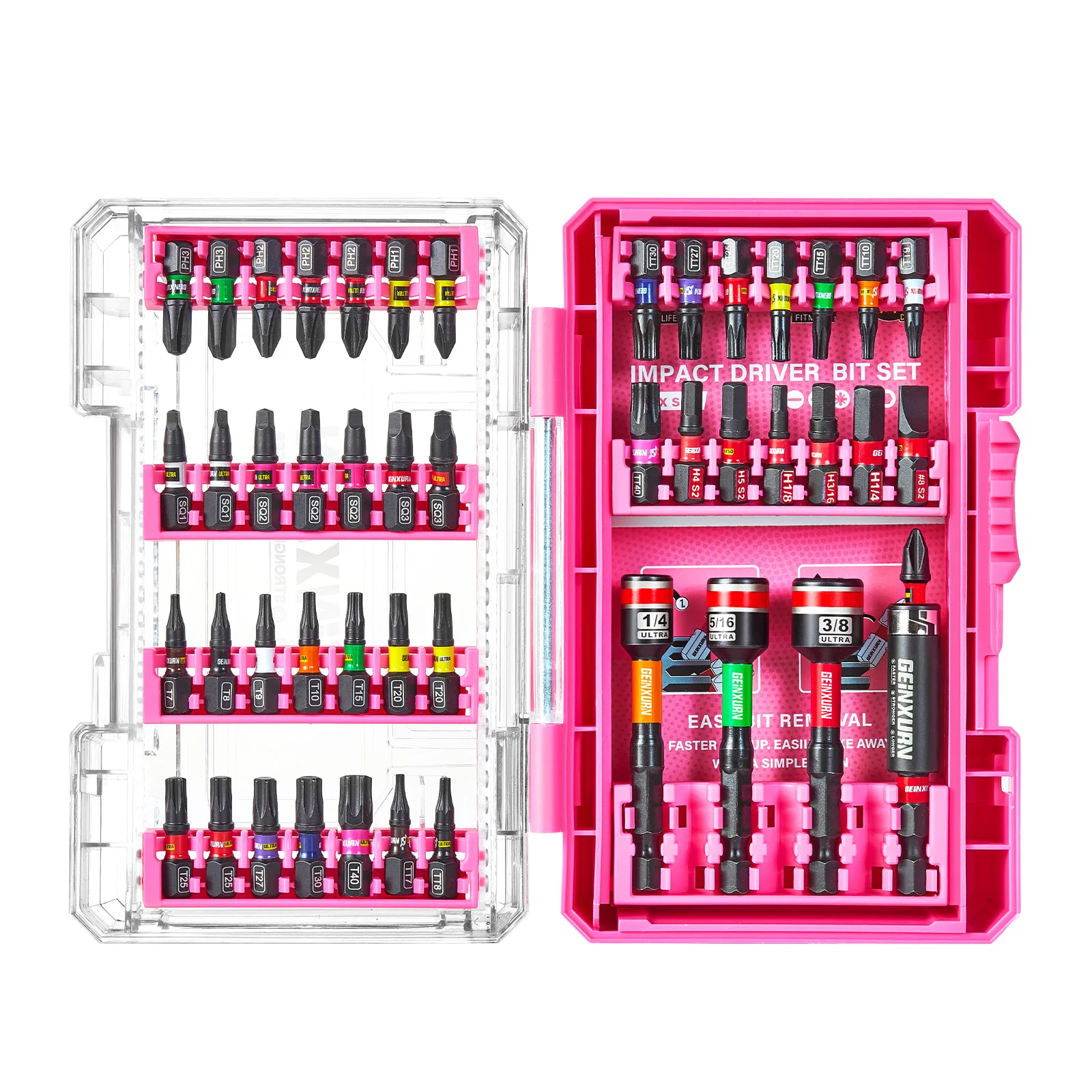 Geinxurn 47PCS Screwdriver Bits Set Magnetic S2 Steel 1/2'' PH/SQ/Torx/HEX/SL Impact Bit Holder Nut Driver in Pink Box for Home