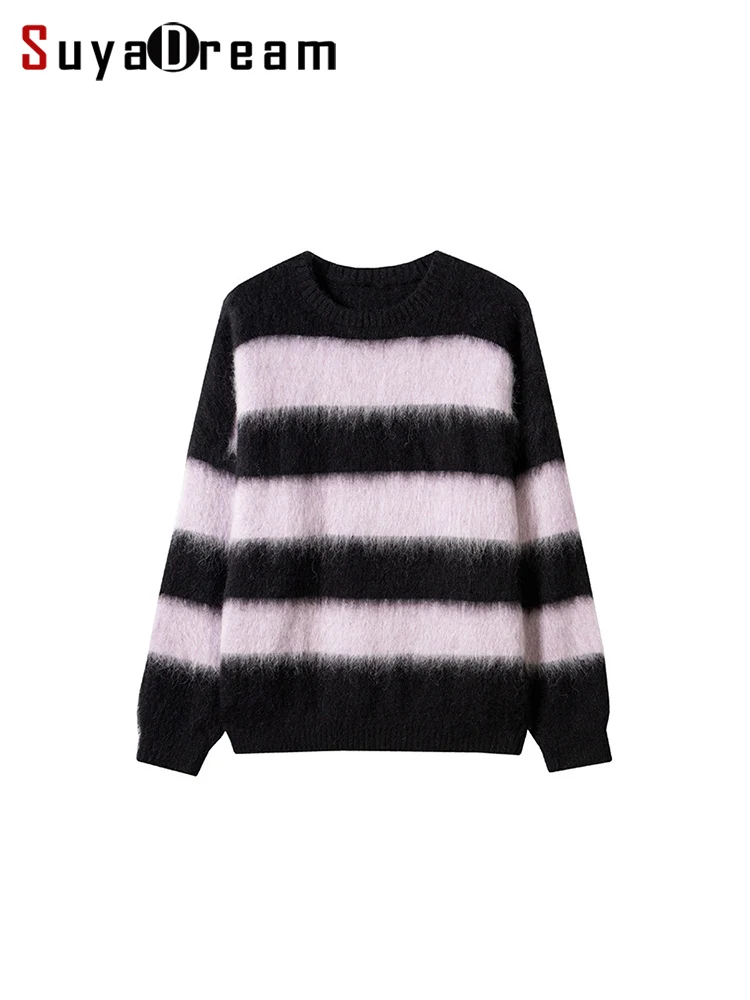 

SuyaDream, Alpace Pullovers for Woman, O Neck Dropped Sleeved, Loose Striped Sweaters, 2024 Fall Winter Top, Pink, Black, Khaki