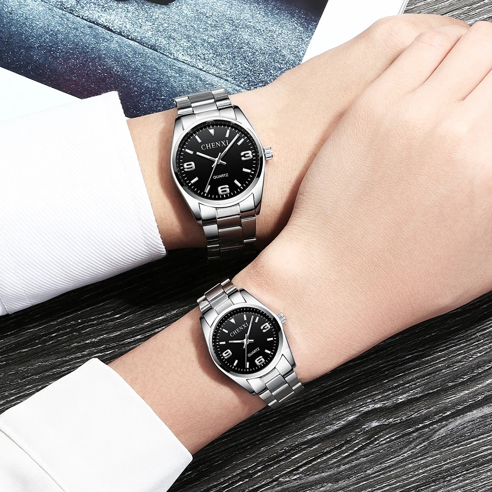 CHENXI 003A Couple Watch Fashion Business Luminous Waterproof Pointer Silvery Steel Wrist Watches for Men and Women Clock Gift