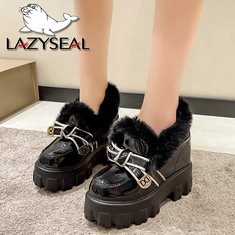 Lazyseal arco inverno feminino mocassins 6cm cunha pele quente forro de pelúcia couro patente senhoras sapatos altura crescente sapatos casuais