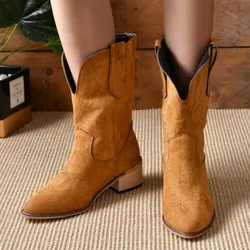Natural Embroidered Women Boots Leather Handmade Pointed Toe Spike Heel Autumn Winter Boots Cowboy New Western Retro Botas