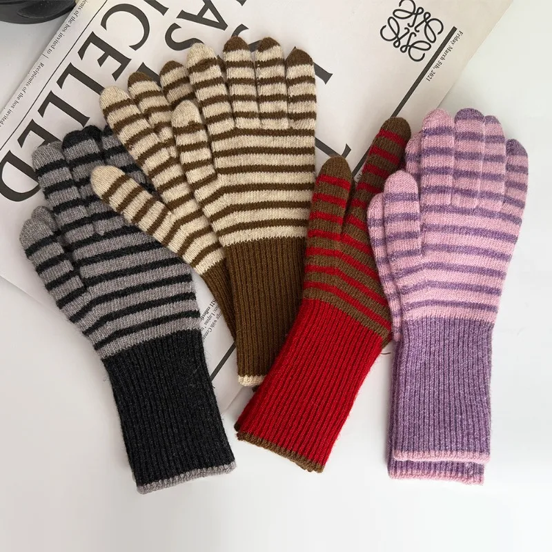 New Ins Striped Touch Screen Wool Gloves Winter Cycling Warm Cold Proof Finger Gloves Touchscreen Thermal Soft