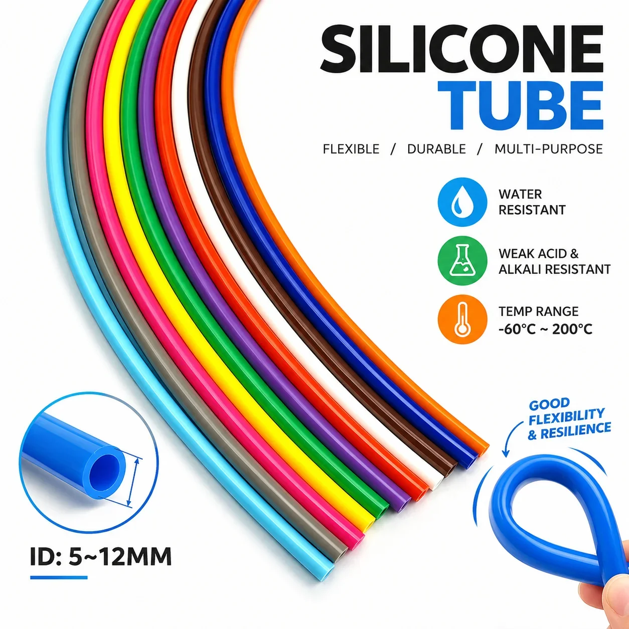Colorful Food Grade Silicone Tube ID5-12mm, Non-toxic, High Temperature Resistant and Anti-aging Water Purifier Connecting Pipe.
