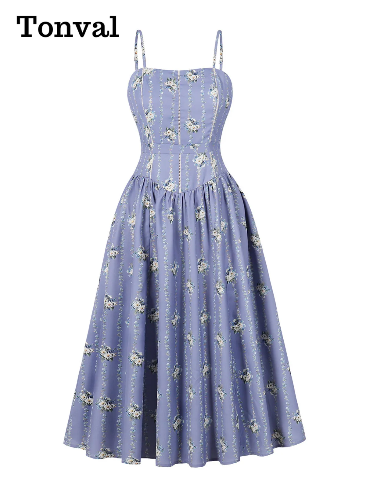 Tonval Abiti longuette a pieghe con stampa floreale a vita alta con cinturino per spaghetti 2025 Abiti estivi per feste di compleanno Abito da ballo senza schienale per donna