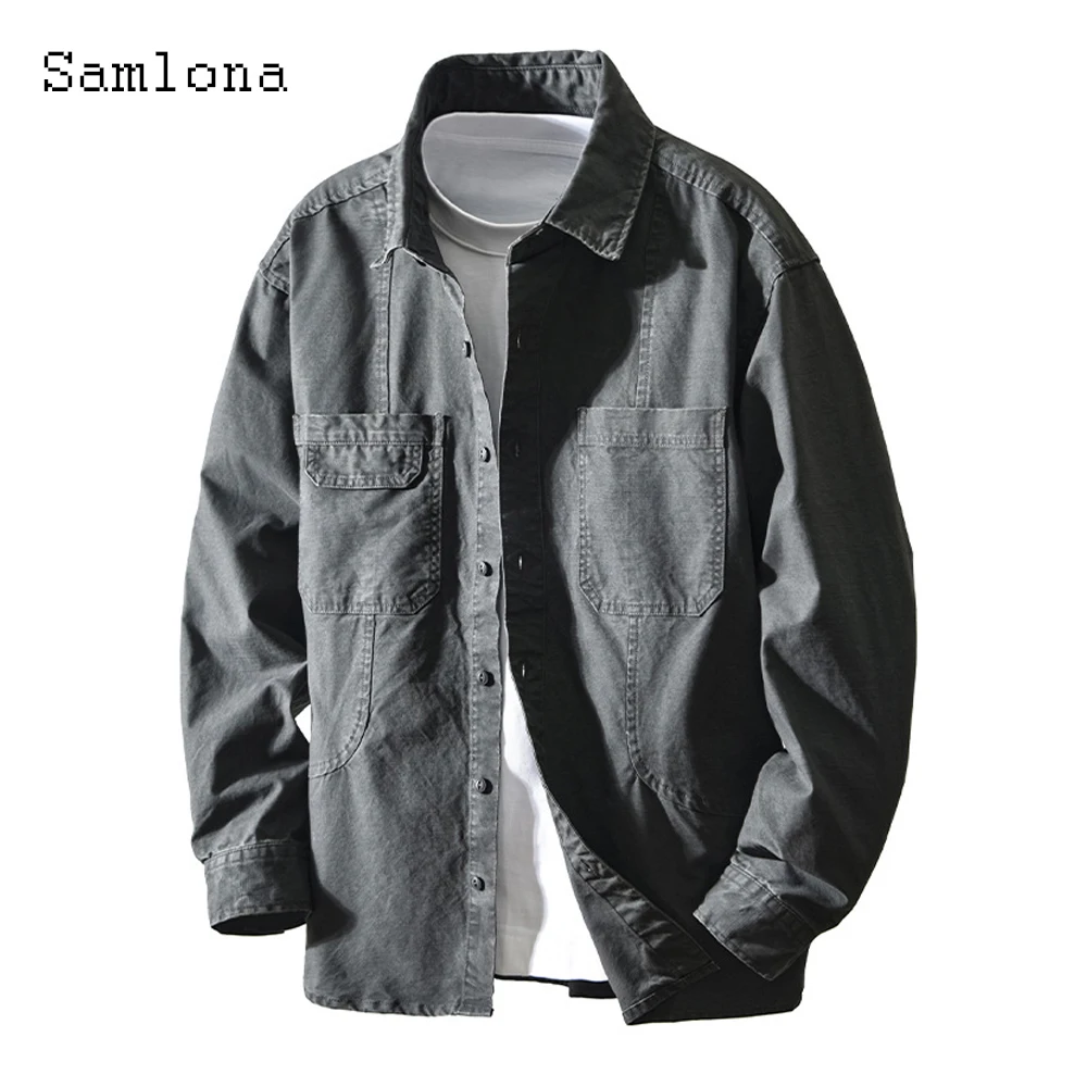 

Мужские повседневные хлопковые рубашки больших размеров, одежда, новинка 2025, модная рубашка-карго, блузка, мужская рубашка с длинными рукавами, винтажные базовые топы, верхняя одежда