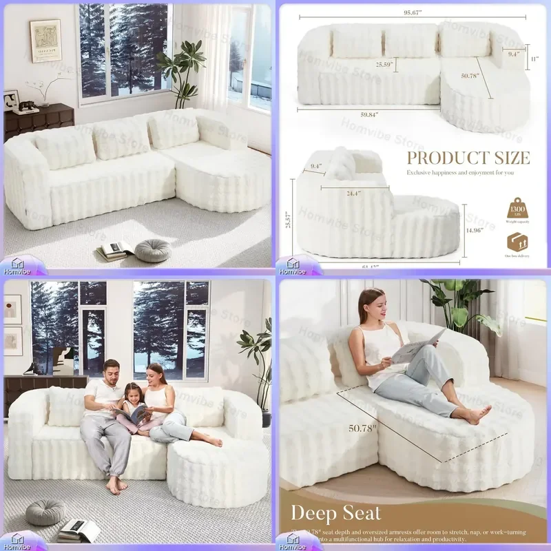 96 Inch Cloud Sectional Sofa Modern L Shaped Modular Couch 3 Seater with Oversized Chaise Lounge for Living Room Small Space
