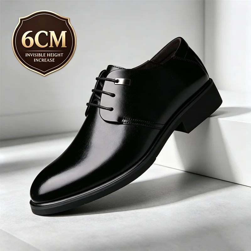 Men Hidden Height Increase 6cm Formal Leather Shoes Business Office Lace Up Derby Shoes Black Brown Wedding Work Elevator Shoes
