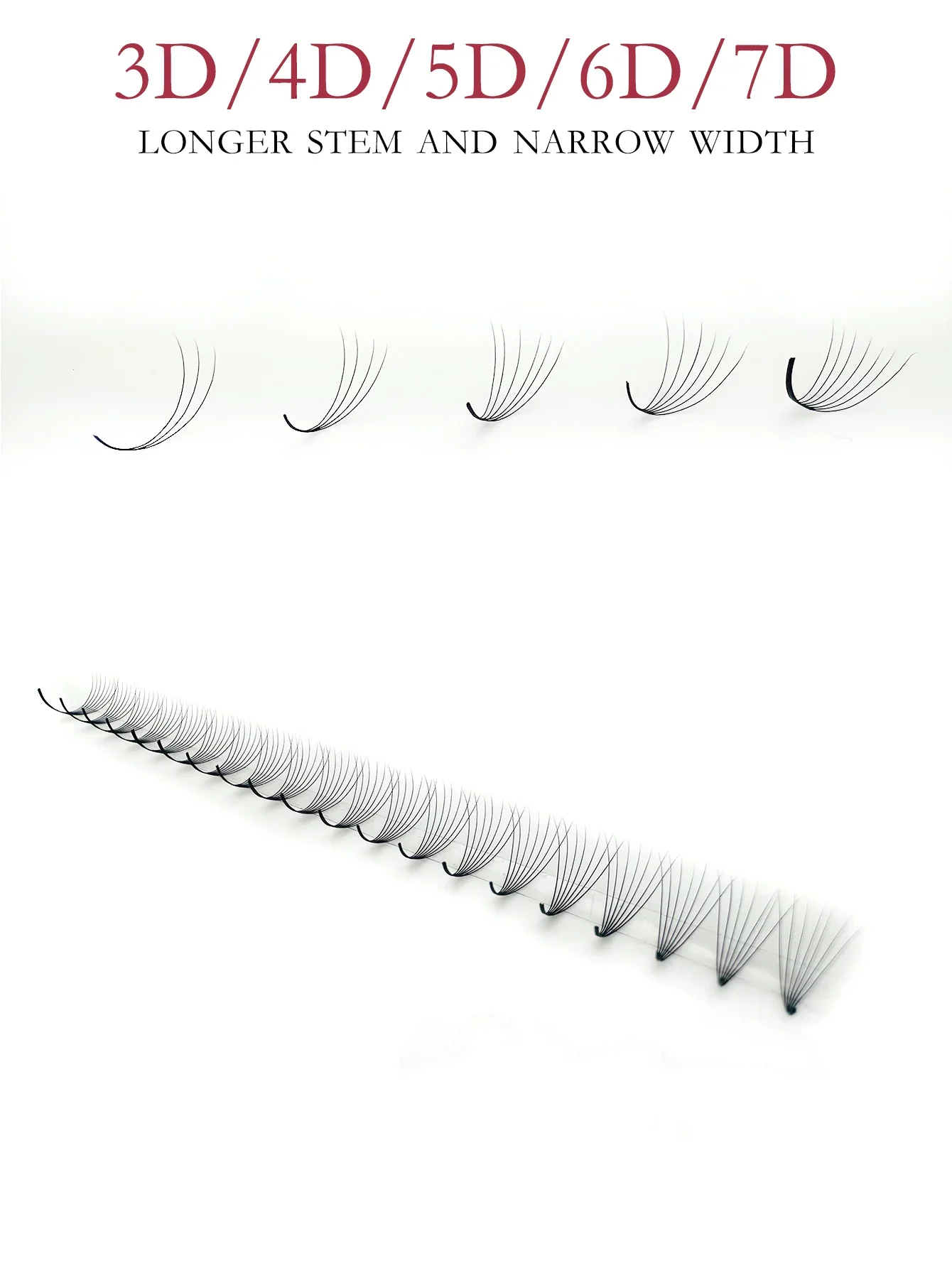 Premade Volume Lash Fans, XXLTray, 3D4D5D6D7D, Long Stem, 8-15mm Mixed, Ultra Dark Black Eyelash Extension, 0.07/ 0.10mm, C Curl