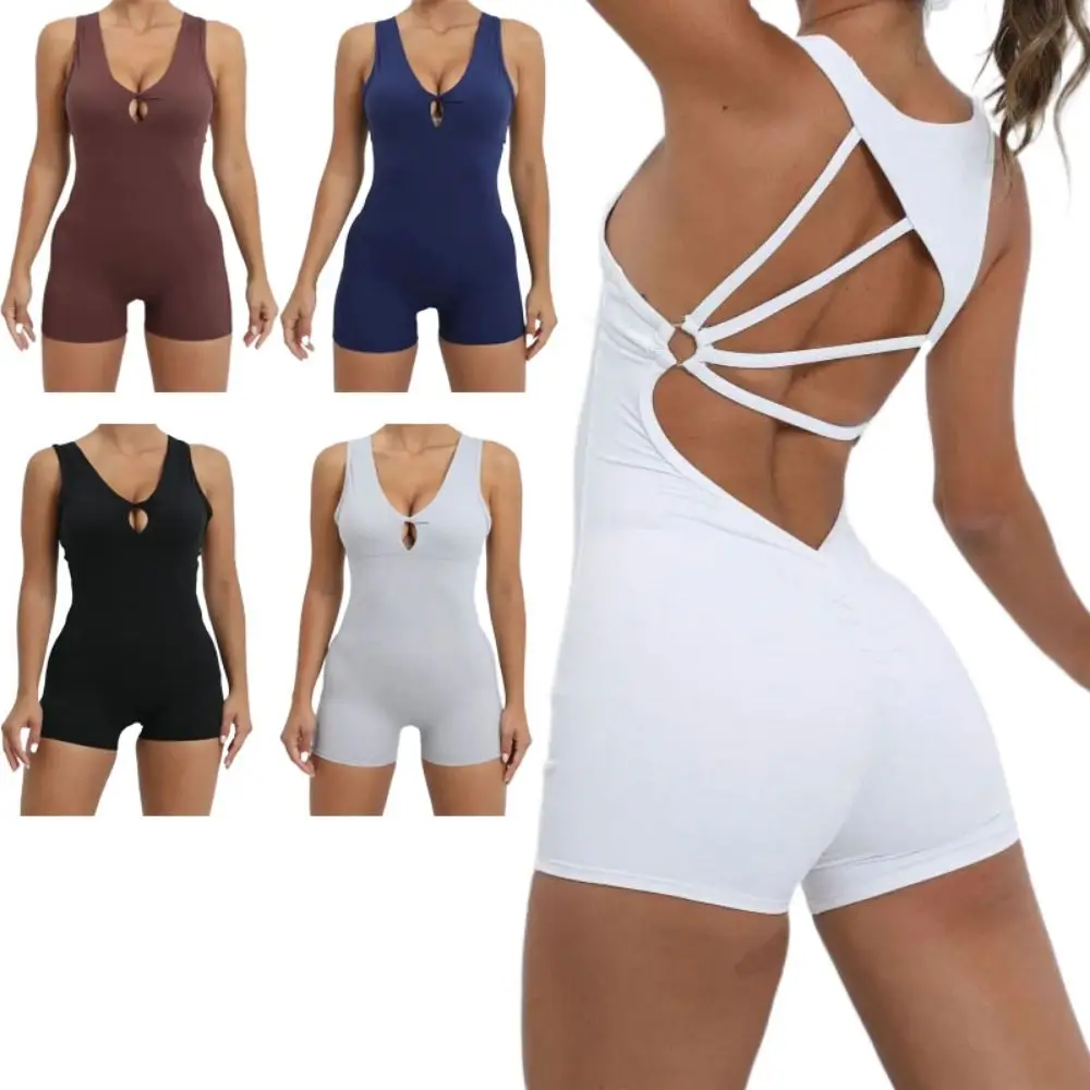 Casual Slim Fit Women's Yoga Set One-Pieces Seamless Fitness Bodysuit Deep V Neck Breathable Sleeveless Jumpsuits Sport