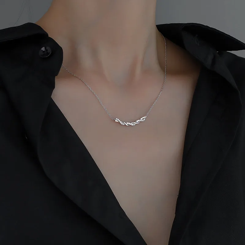 Elegant Women Wave Wrap Zircon Choker Diamond Pendant Necklace For Original 925 Sterling Silver Lady's Diamond Clavicle Chain