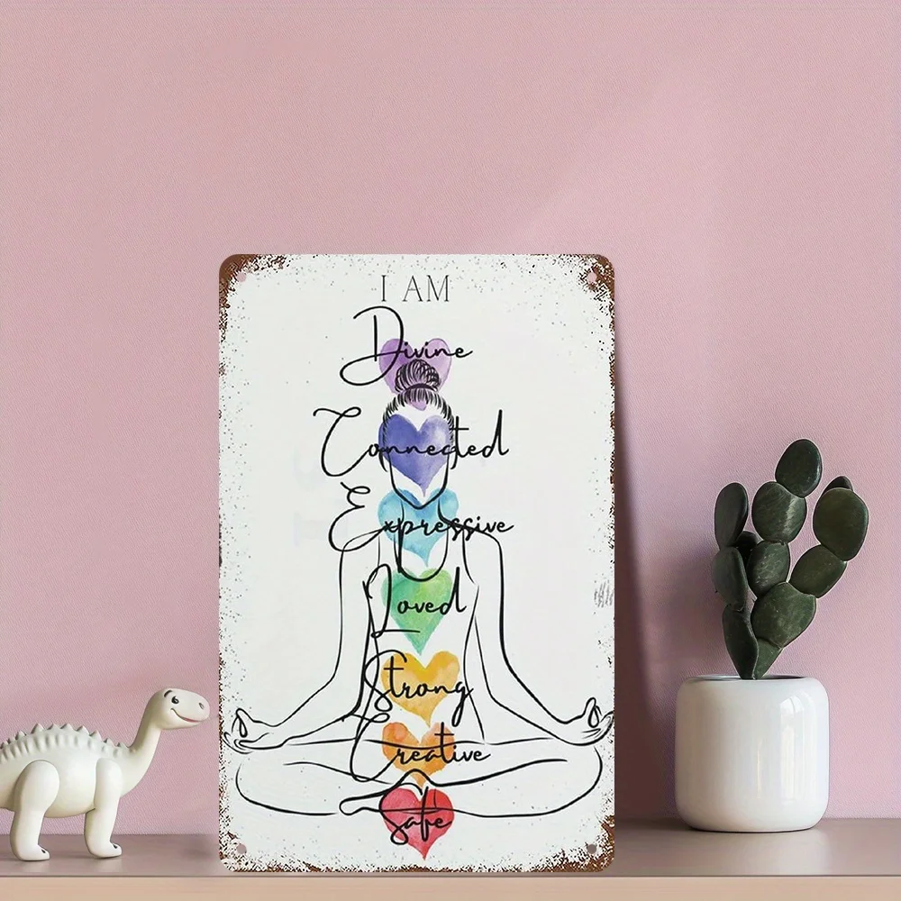 Letrero de Metal con Diseño Artístico de Chakras de Yoga y Afirmaciones Positivas - Placa Metálica Vintage Resistente para Decoración de Pared, Hogar, Oficina, Bar, Cuarto de Hombre