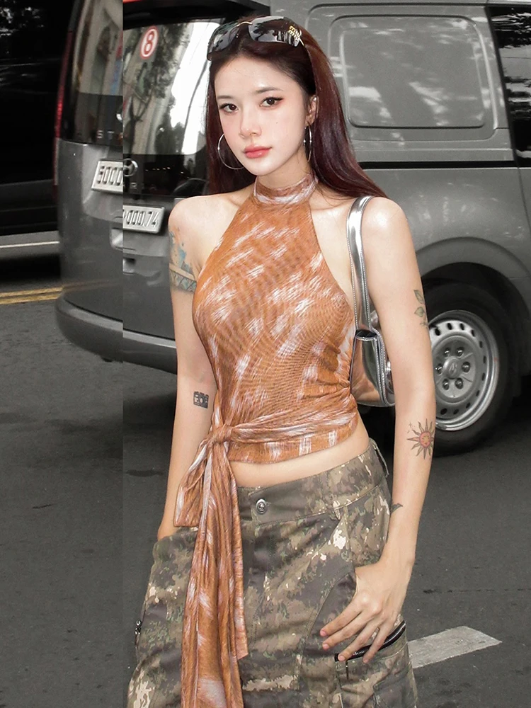 

Nibber Lace-Up Tassels Vest Women o-Neck Print Skinny Elasticity High Street Hip Hop Style Fashion Hottie Sexy Midnight Tops