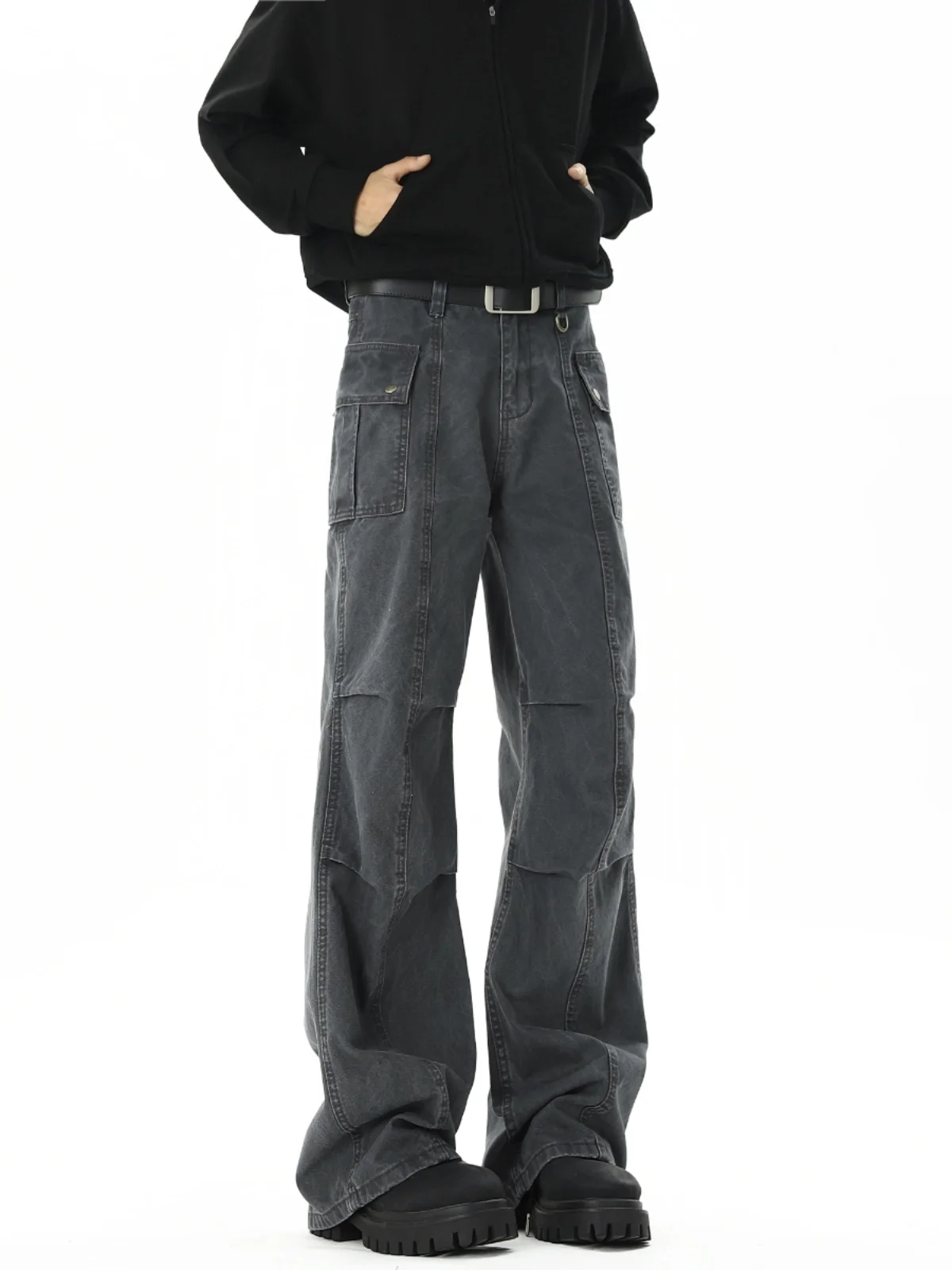 

Grey Workwear Casual Pants Men's Autumn Winter American Retro High Street Washed Straight Leg Trousers Cleanfit Handsome