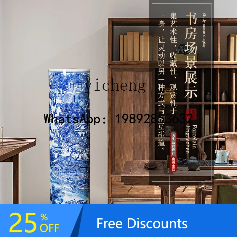 السيراميك الأزرق والأبيض الخزف من الأرض إلى السقف مزهرية كبيرة جعبة غرفة المعيشة زخرفة اسطوانة التخزين الصينية الجديدة