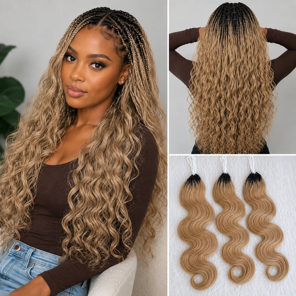 #27 Honey Blonde Body Wave Pre-Separated Miracle Knot Crochet Human Hair Invisible Knotless Feather Crochet Hair Extensions 100% Virgin Remy Human Hair Soft Natural Wavy Braiding Hair Quick Install Lightweight Protective Braids For Ladies Daily Wear