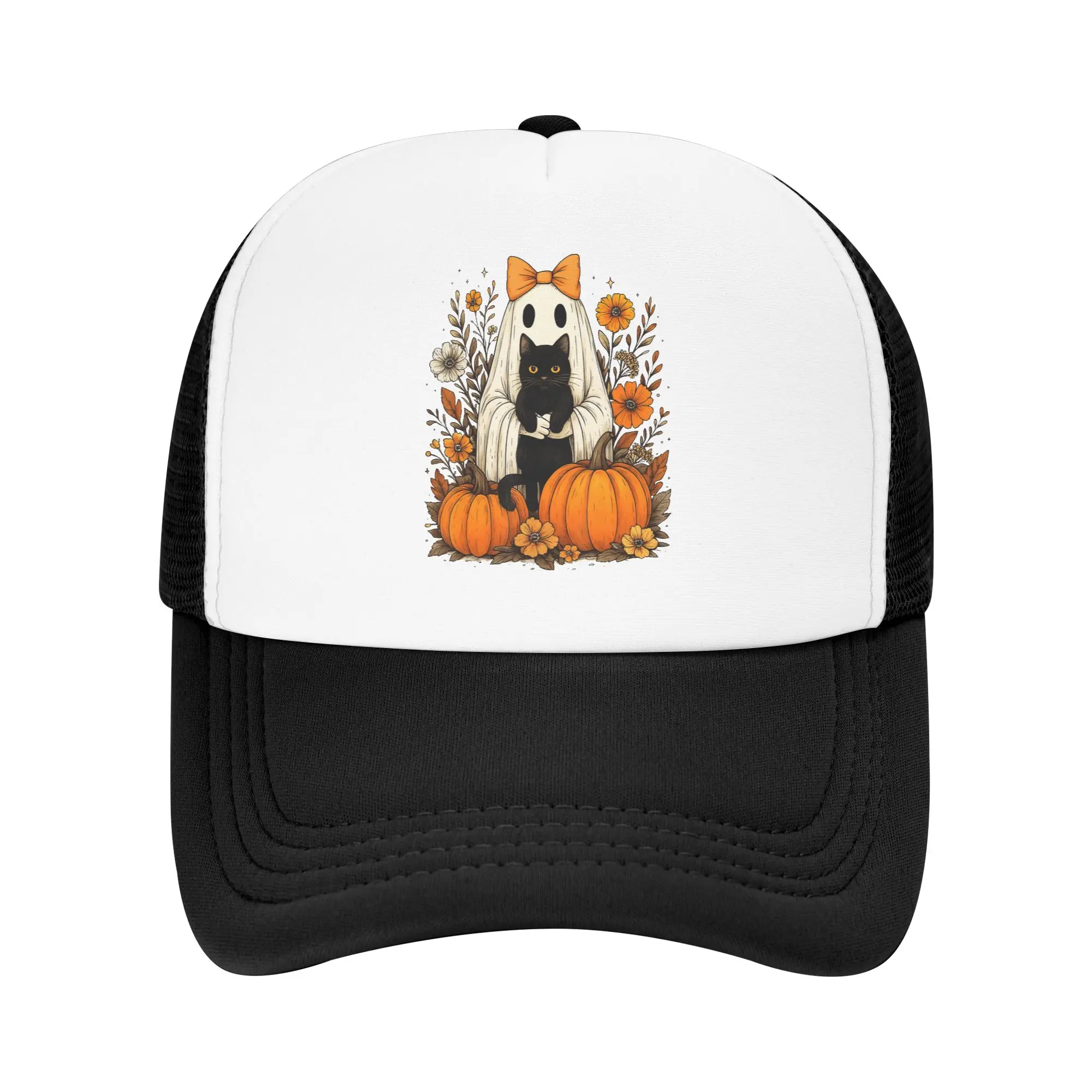 Vintage Ghost Holding Black Cat Trucker Caps Mesh Baseball Cap Polyester Groovy Floral Hats Sun Caps Adjustable Sun Hats Summer