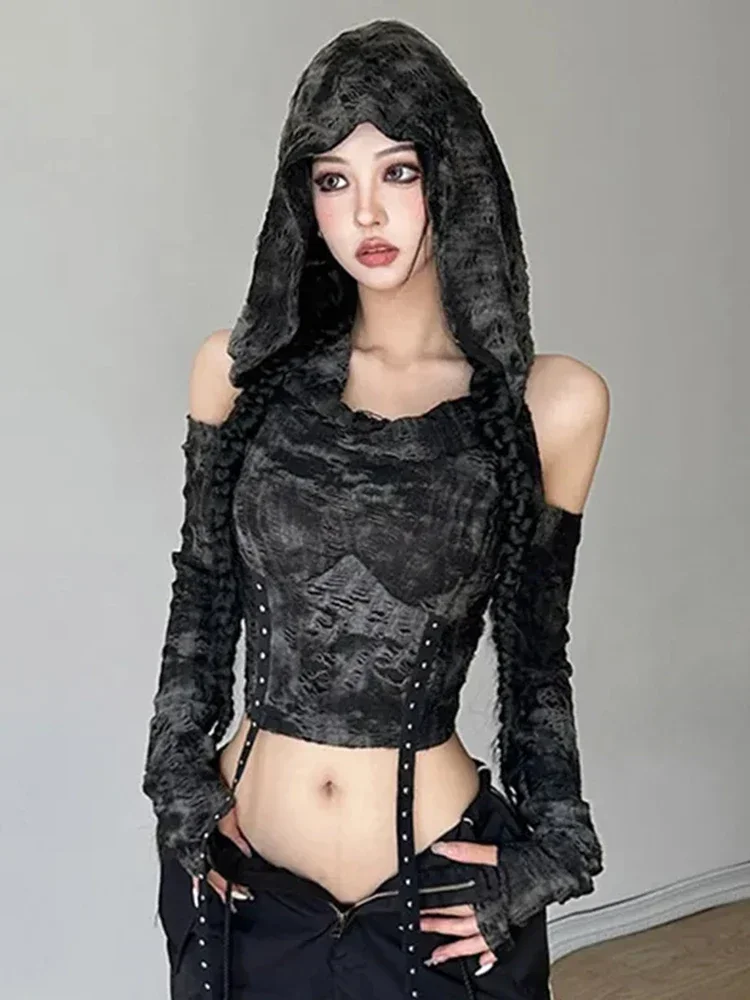 

Y2K Hooded Long Sleeve T Shirt Women Streetwear Black Sexy Hollow Out Cropped Tees Harajuku Off Shoulder Slim Lady Club Tops New