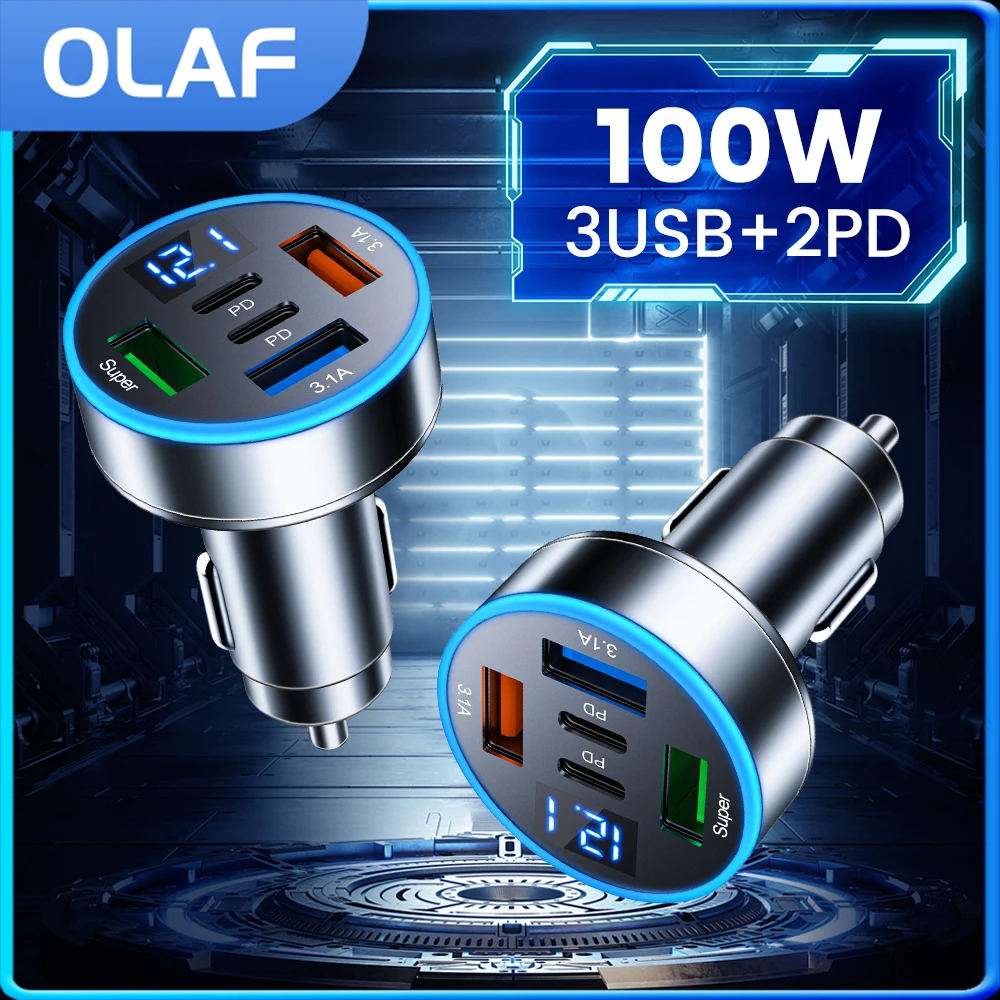 

100w Car Charger For Xiaomi iPhone 15 Series Oneplus Cellphones 5Ports USB A Type C PD Fast Charging Car Digital Display Adapter