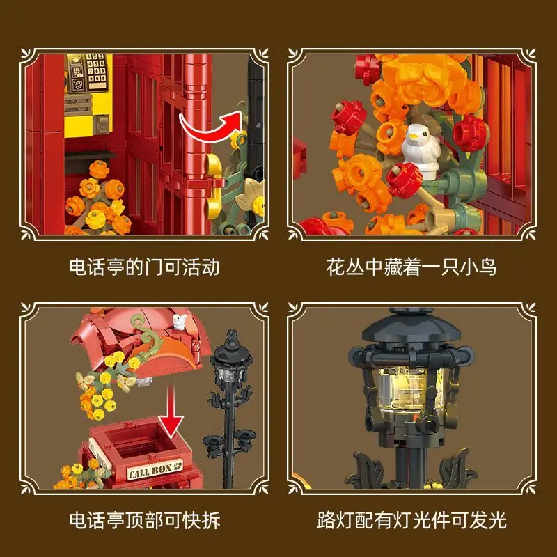JJ9207 Vintage British Red Telephone Booth Series  Type Creative Bricks Decoraiton Toys For Children Adult Gifts static Boy's Gi