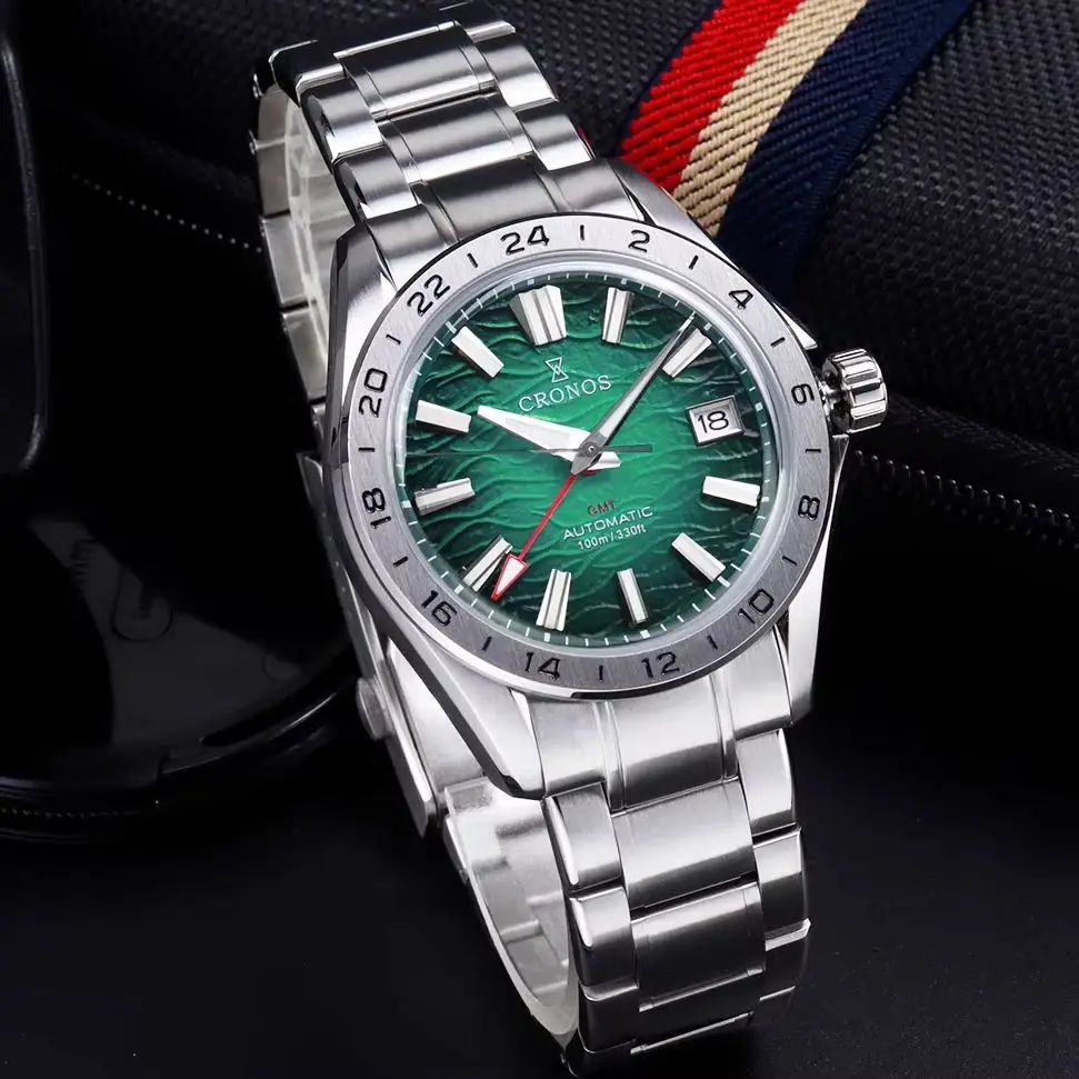 CRONOS Men Automatic Watch 39mm GMT Mechanical Wristwatch Sapphire Mirror Diver 10Bar Waterproof BGW-9 Luminous NH34