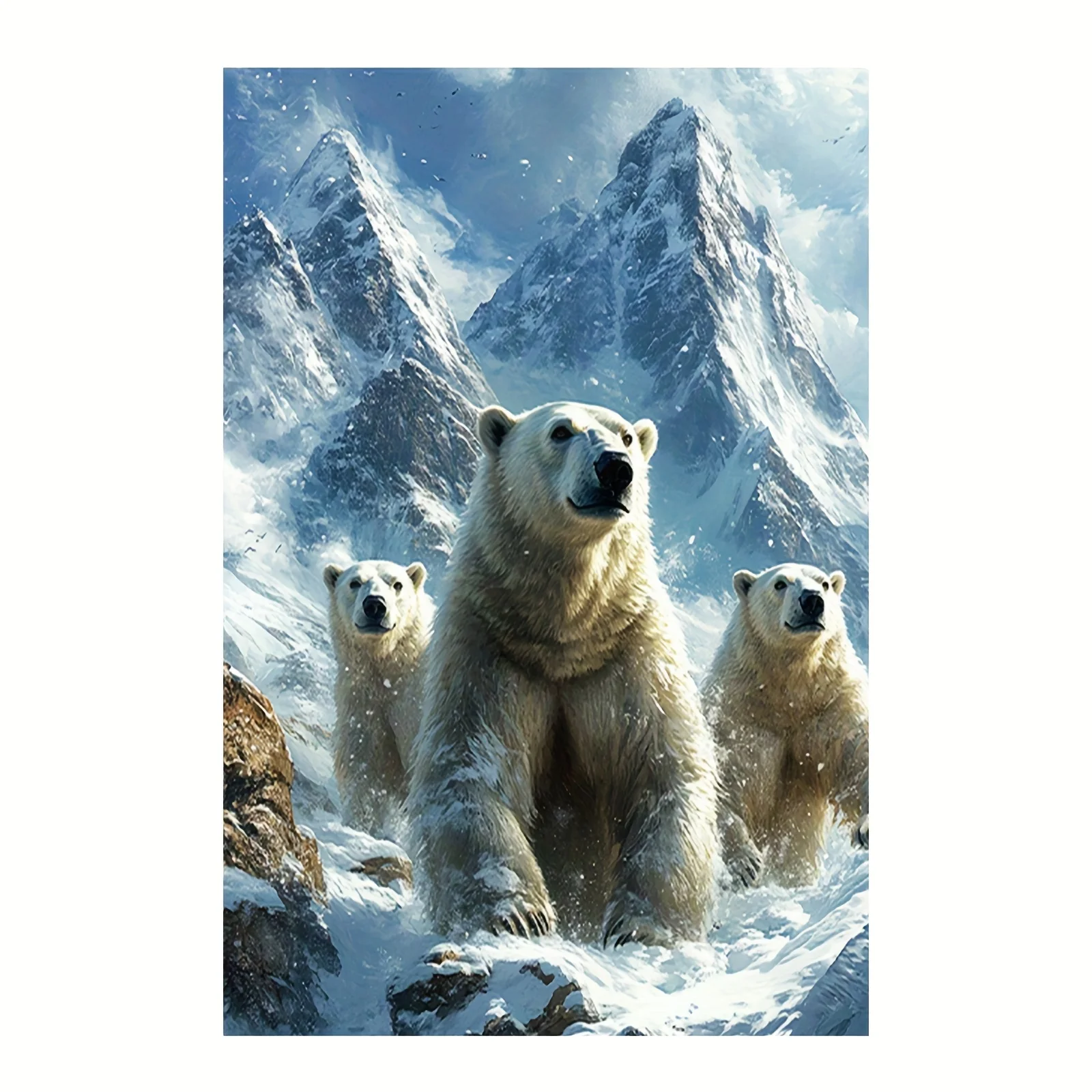 Polar Bear Family Canvas Print – Snowy Mountain Landscape, Wildlife Nature Art, Frameless 12×18 Inches, for Home Office Decor