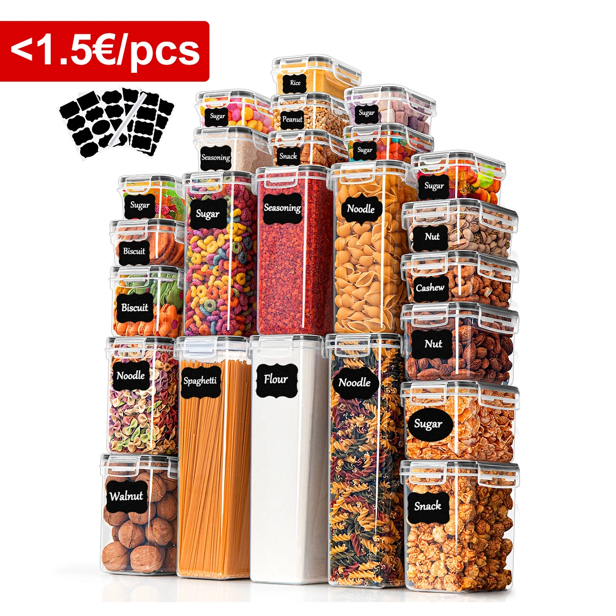 Contenedor de almacenamiento de alimentos de cocina con tapa hermética, juego de 24 unidades (24 contenedores, 24 tapas), 0,8 L/0,32L/0,24L sin BPA