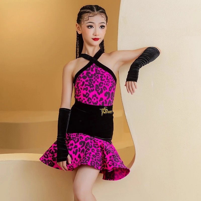 النيون الوردي ليوبارد اللاتينية فستان رقص الفتيات تشا تشا رومبا سامبا أداء الرقص زي المنافسة الملابس المرحلة قطعتين مجموعة