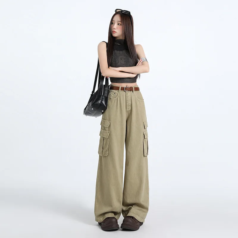 

Однотонные повседневные широкие джинсы для рабочей одежды. Новые летние прямые брюки с высокой талией, свободные и тонкие карманы для женщин