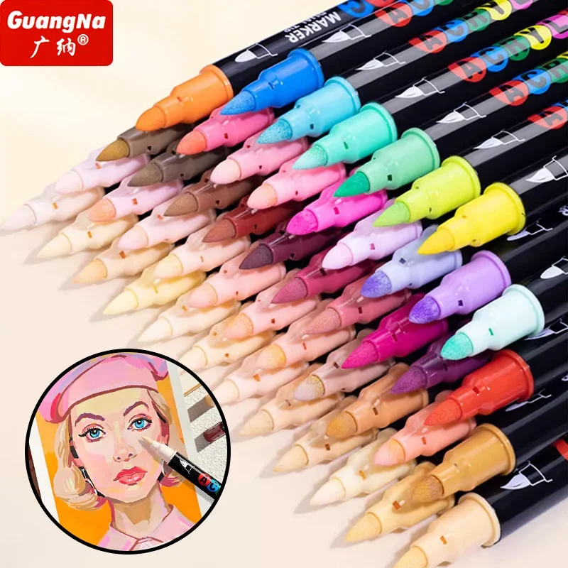 GuangNa Double Head Skin Tone Acrylic Paint Pens,24/48 Colors Brush Tip Paint Markers for Wood,Glass,Fabric,Rocks Paint Pens