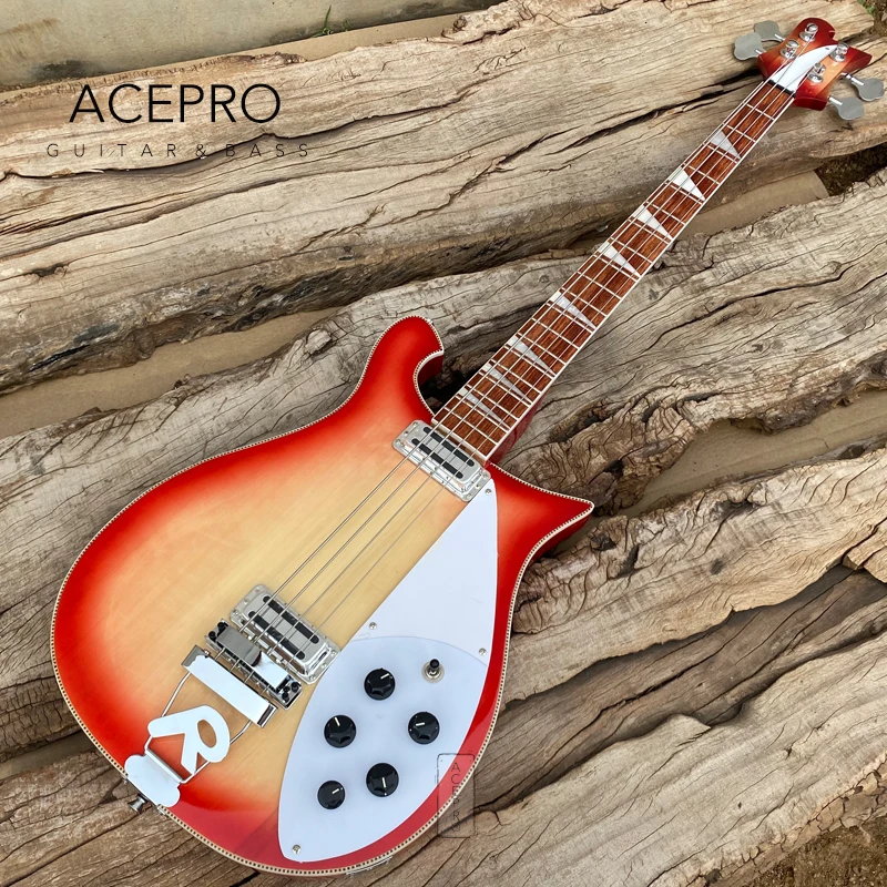 Cherry Burst  Electric Bass Guitar, R Shape Tailpiece Bridge, White Pickguard, Rosewood Fretboard, 4 String Bass Free Shipping