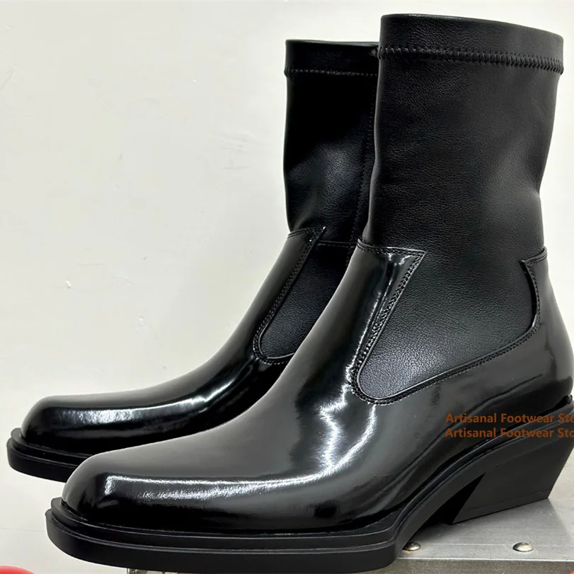 Men Glossy Square Toe Chelsea Ankle Boots Side Zipper Stacked Block Heel Leather Boots Dress Short Boots Trendy Men's Boots