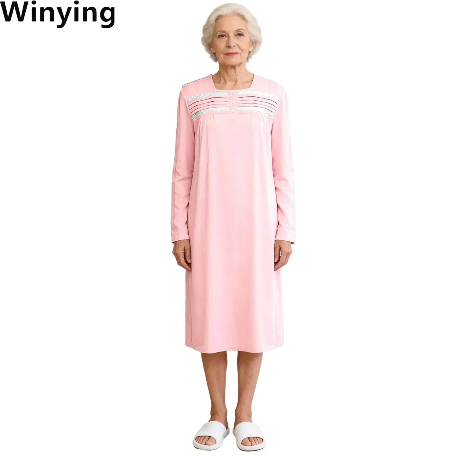 Women Elderly Adaptive Clothing Open Back Robe with Full Back Overlap Hospital Gown Buttoned Long Sleeve Loose Pleated Dress