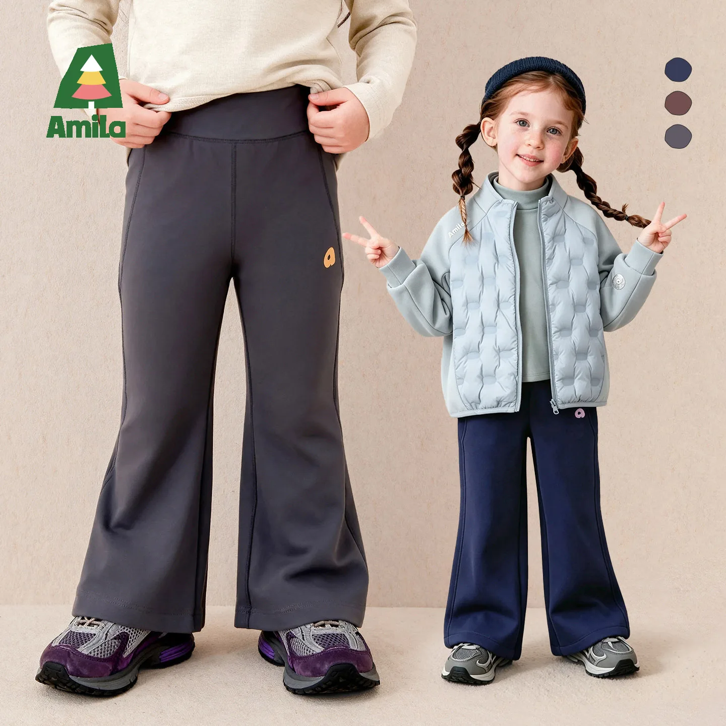 Amila 2026 Autumn New Kids Girls Casual Long Pants Sporty Elastic Slight Flare Composite Fleece Daily Versatile Pants