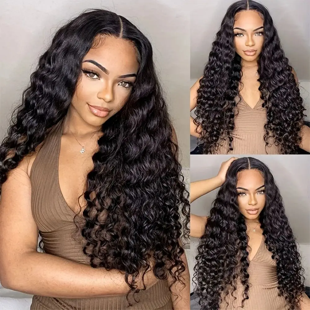 

Natural Color 1B 13x4 Inch HD Transparent Lace 180% Density Lace Front Wigs Human Hair Deep Wave Curly Transparent Lace
