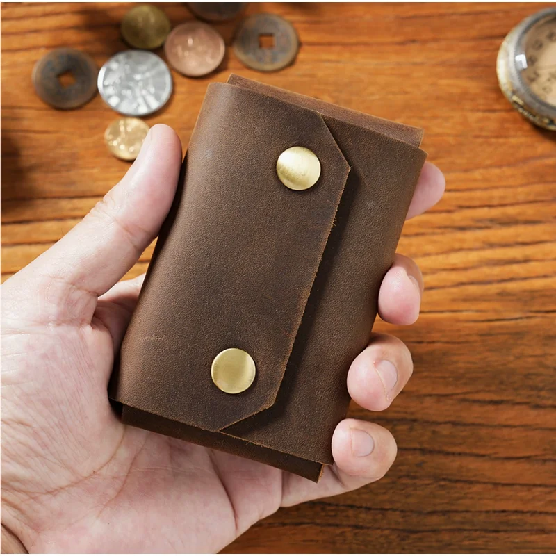 Vintage Crazy Horse Leather Simple Card Holder Genuine Leather Short Wallet Coin Purse Top Layer Cowhide Small Money Bag