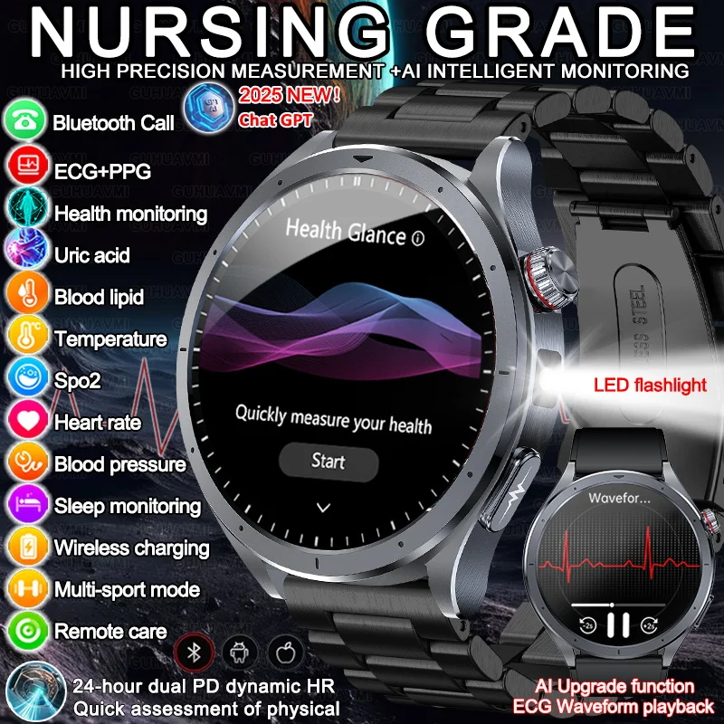 

2025 New Precision monitor Blood Lipids Uric Acid Smart Watch ECG+PPG Blood Pressure Heart Rate Tracker watches For Men Women
