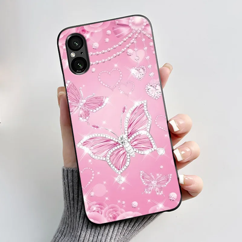 Capa com estampa de desenho animado para sony xperia 5 v, capa de silicone macio, preta, capa fofa com desenho de flor, fundas